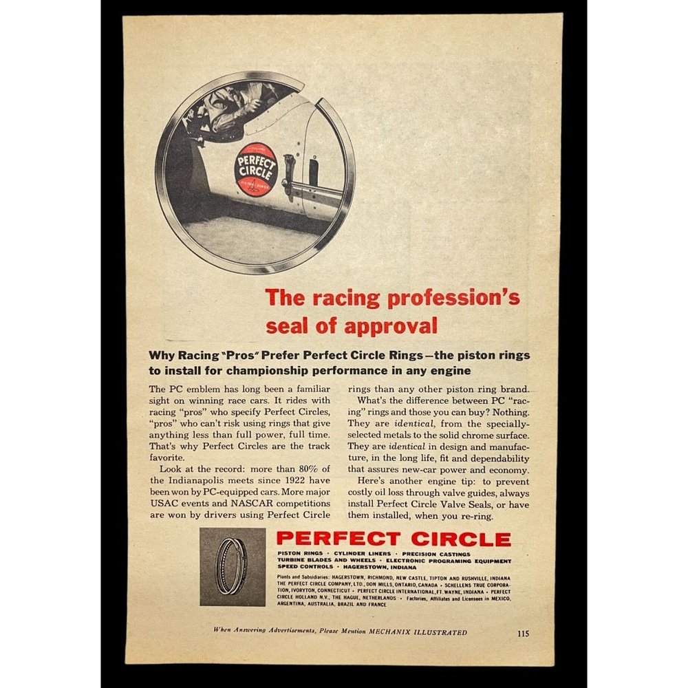 Perfect Circle Piston Rings Print Ad Vintage 1963 Racing Pros Automotive
